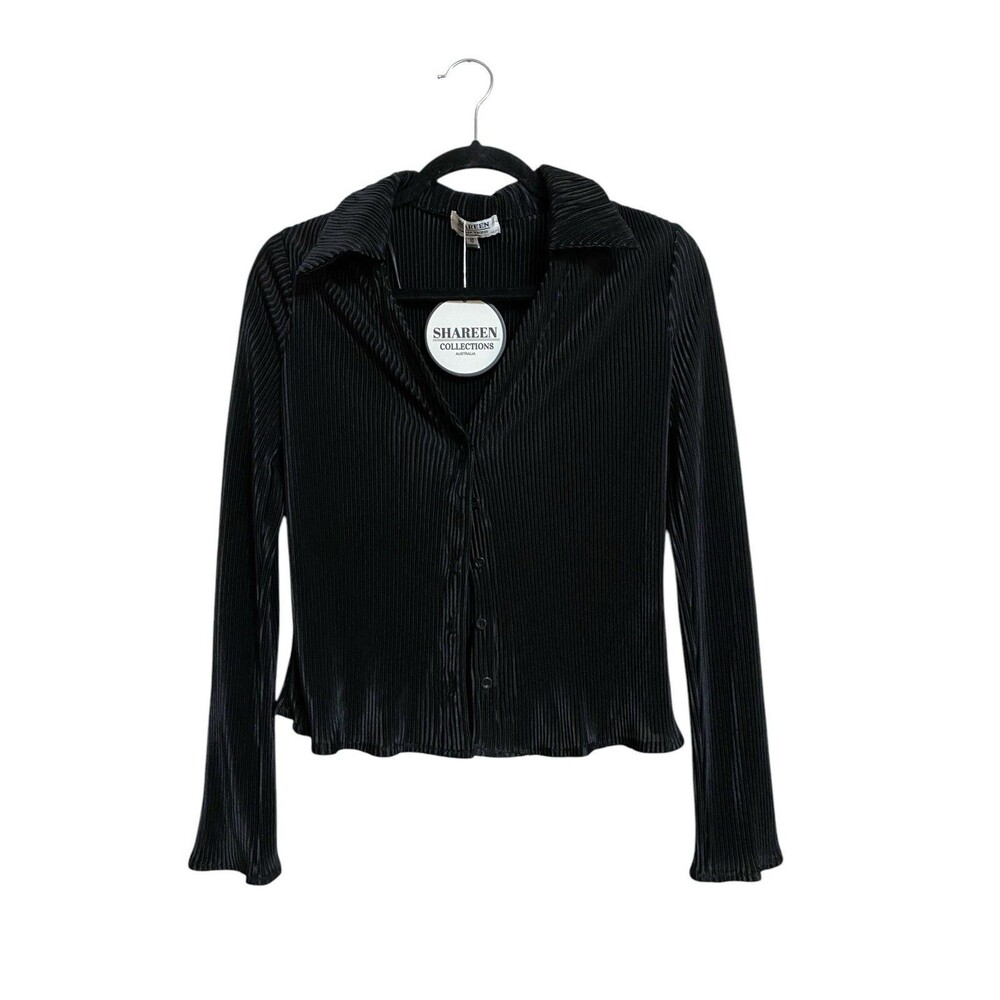 Shareen Collections Marnie Black Plisse Pleated Button Front Blouse 10 NWT